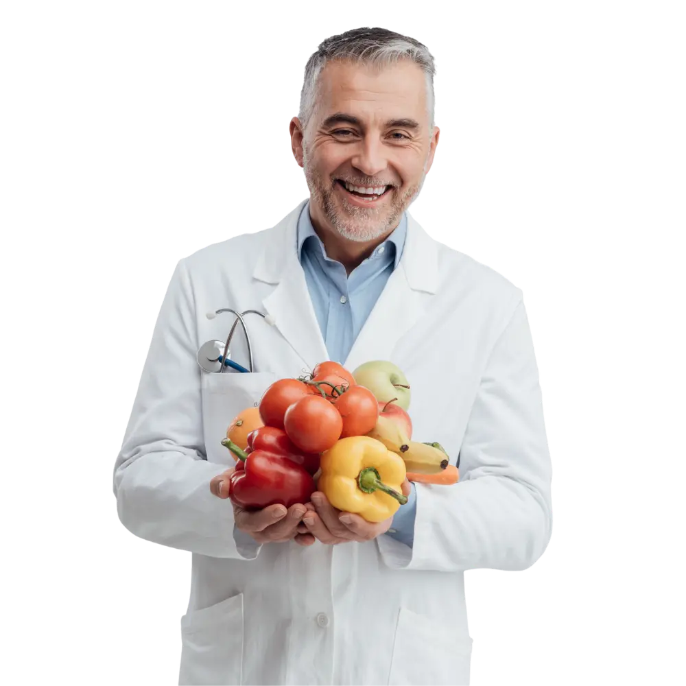 Médico sonriendo con manzana — Escuela de Medicina Naturopática ILPA